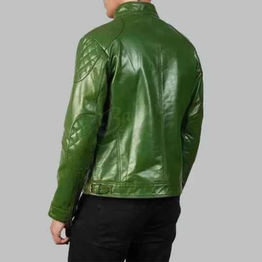Mens green leather jacket side view showing quilted shoulder and elbow patch and belted waist