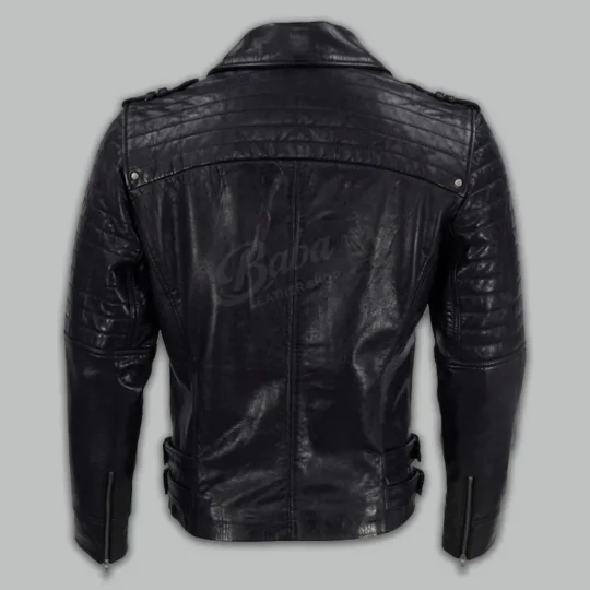 Men's leather biker jacket quilted back view