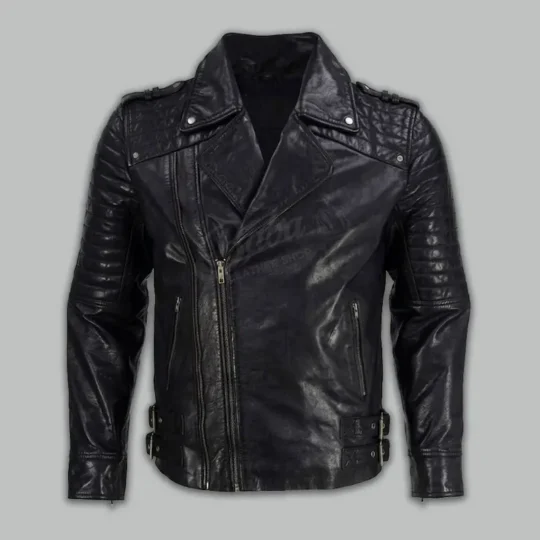 Quilted leather biker jacket front view for men
