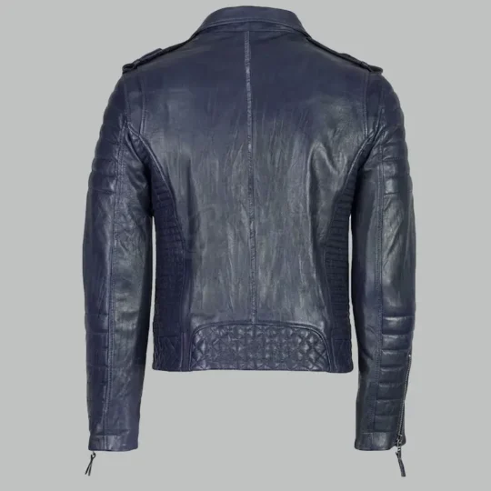 Navy Blue Leather Motorcycle Jacket back view with quilted detailing