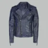 Navy Blue Leather Motorcycle Jacket with Quilted Sleeves and Zipper Details