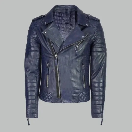 Navy Blue Leather Motorcycle Jacket with Quilted Sleeves and Zipper Details