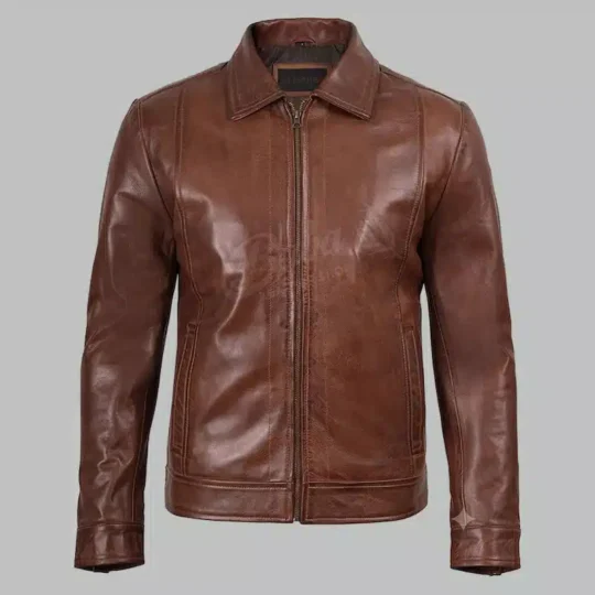 Vintage brown leather jacket with front zipper and two lower pockets