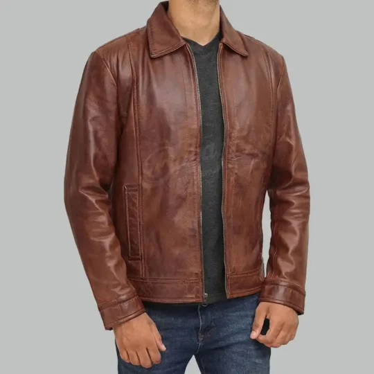 Vintage brown leather jacket with front zipper and two pockets