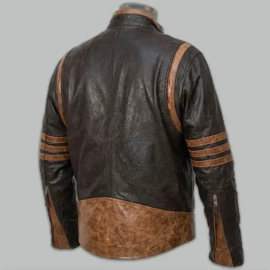 Wolverine Leather Jacket back view with brown sleeve stripes