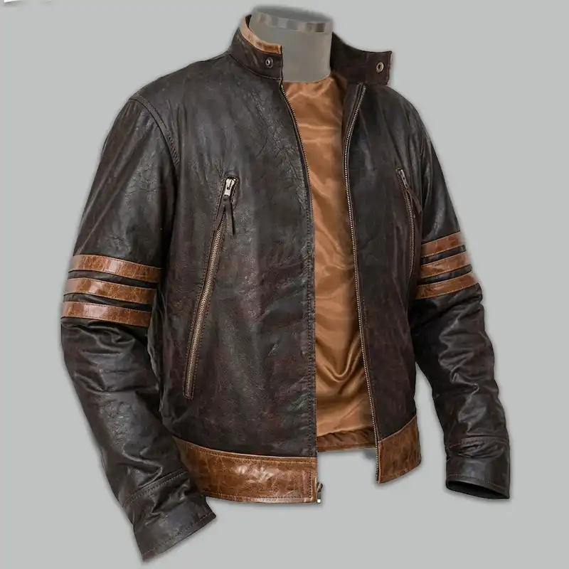 Wolverine Leather Jacket front view with brown sleeve stripes