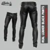 Classic black real leather pants for men, front and back view, slim fit with zipper pockets and full customization