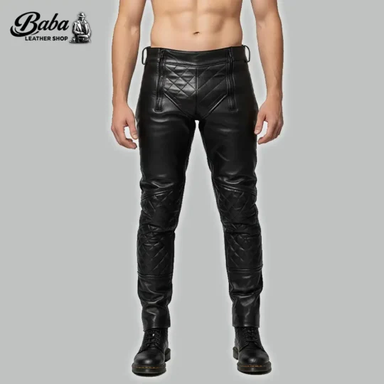 Black quilted leather pants front angle view with diamond-quilted knee panels and front zipper detail, Baba Leather Shop