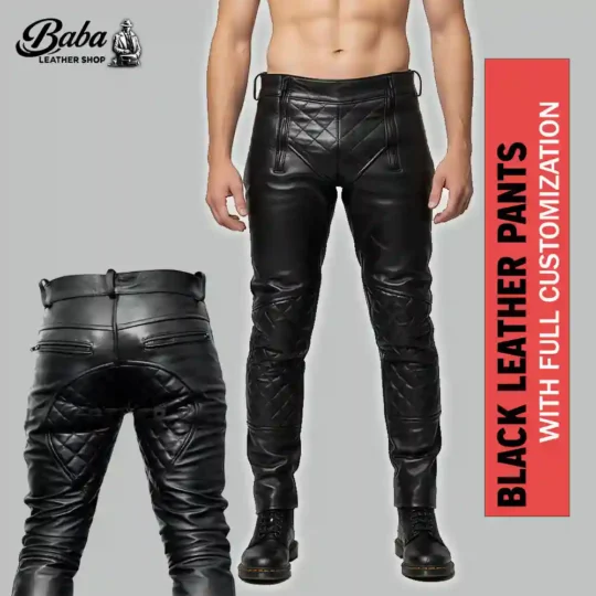 Black quilted leather pants with front zipper panel, quilted knee panels and back pockets, Baba Leather Shop