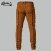 Back view of brown suede lace up leather pants with yoke and leg lacing