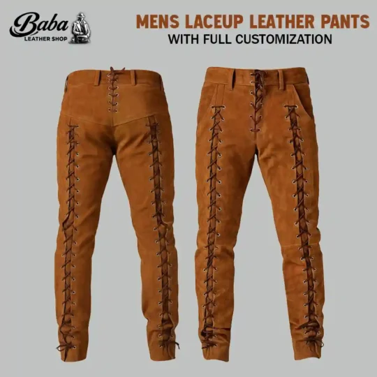 Men's brown suede lace up leather pants front and back view with side lacing