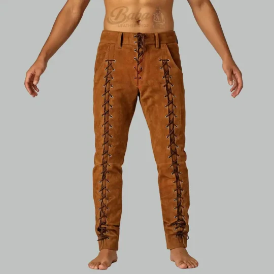 Man wearing brown suede lace up leather pants with side lacing front view