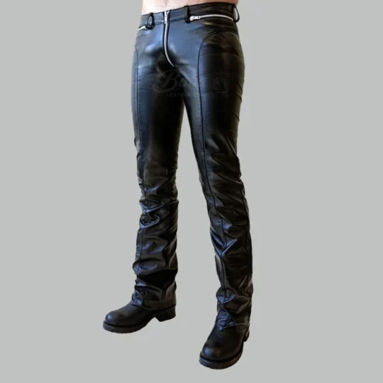 Black leather pants with zip pockets and full-length design