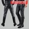Mens black quilted leather pants with zipper front, diamond-stitched knees and seat, front and back view with boots
