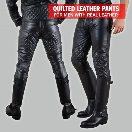Mens black quilted leather pants with zipper front, diamond-stitched knees and seat, front and back view with boots