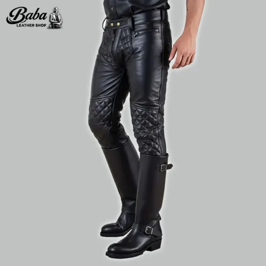 Side view of mens black quilted leather pants with zipper fly, snap waistband and diamond-stitched knee panels
