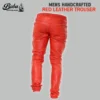 Mens red leather pants back view with two rear pockets and ribbed waistband