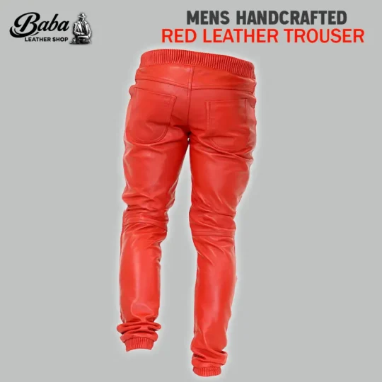 Mens red leather pants back view with two rear pockets and ribbed waistband