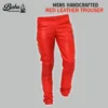 Mens red leather pants with ribbed knee panels and ribbed cuffs
