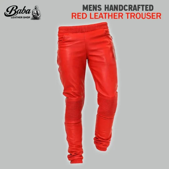 Mens red leather pants with ribbed knee panels and ribbed cuffs