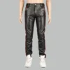 Men black leather jeans with red piping and custom-style leather trousers