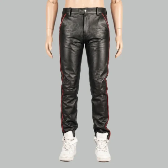 Men black leather jeans with red piping and custom-style leather trousers