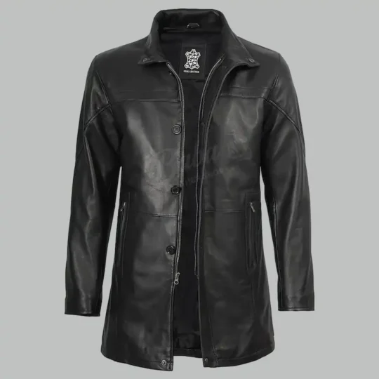 Mens black leather car coat front view with unzipped zipper, button placket and zippered side pockets