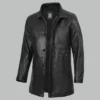 Mens black leather car coat unzipped side view showing button placket, zippered pocket and Real Leather label