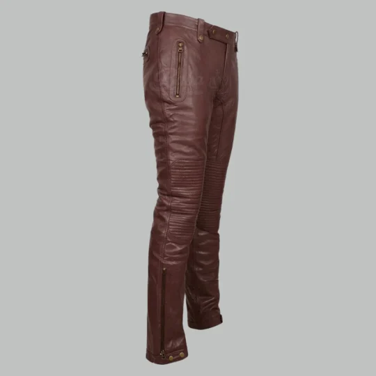 Mens Brown Genuine Leather Pants with Ribbed Knees and Zipper Pockets