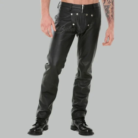 Mens Black Leather Codpiece Pants with Snap Button Front Flap
