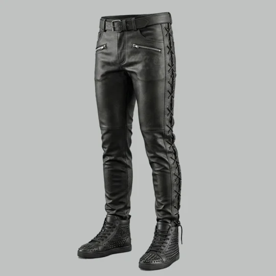 Mens black leather lace up pants with side lacing and zipper pockets