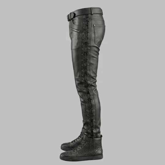 Black leather lace-up pants with side lacing, buckle belt, and back pocket
