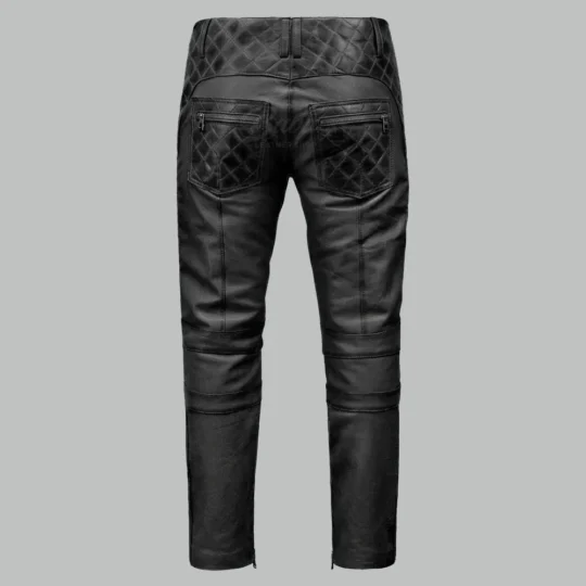 Black quilted leather biker pants with zippered back pockets