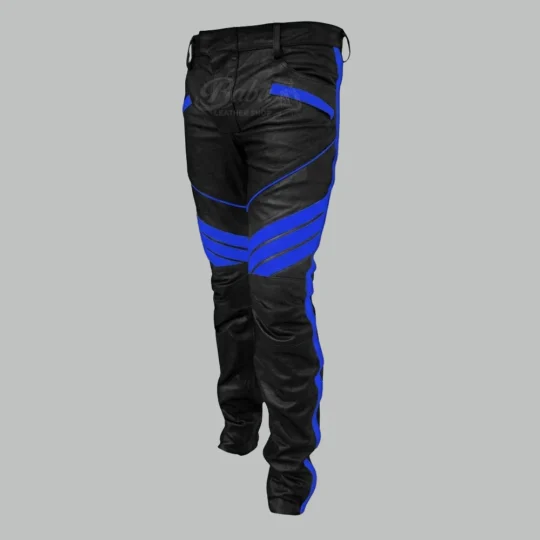 Mens leather biker pants in black with a blue side stripe and blue knee panels, side angle view
