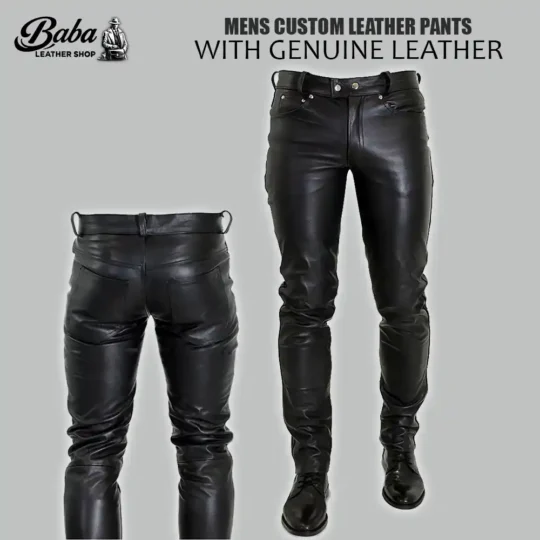 Mens custom black leather pants, front and back view, slim fit five-pocket design with snap button