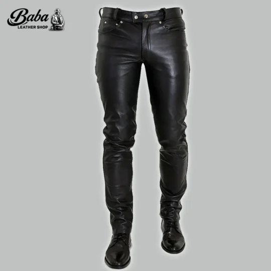 Front view of mens slim fit black leather pants with snap button waistband and five-pocket design