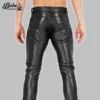 Soft black leather pants for men, back view, with two stitched back pockets and belt loops