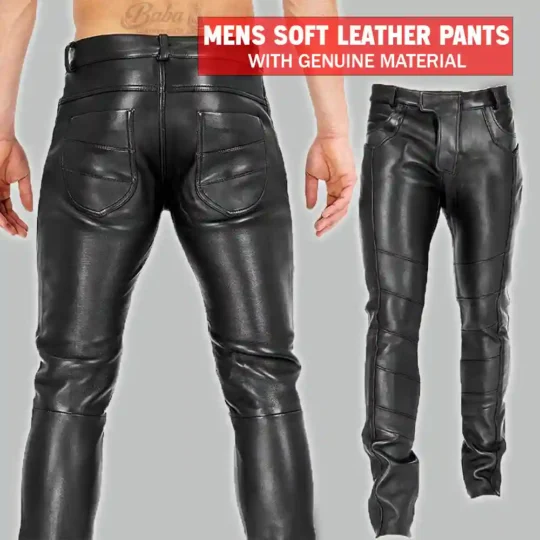 Mens black soft leather pants with paneled knee detailing and back pockets