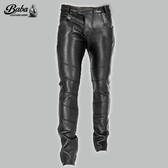 Soft black leather pants for men, front view, with paneled knee stitching and a zip fly